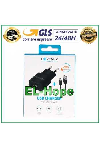 CARICA BATTERIA UNIVERSALE TRAVEL CHARGER 5V 10W + CAVO TYPE-C USB 1.2 mt NERO